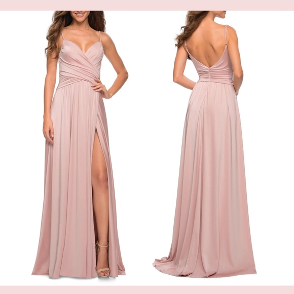 NEW $378 La Femme [‎ 8 ] Prom Crisscross Bodice High Slit Gown Mauve Pink - Picture 1 of 14